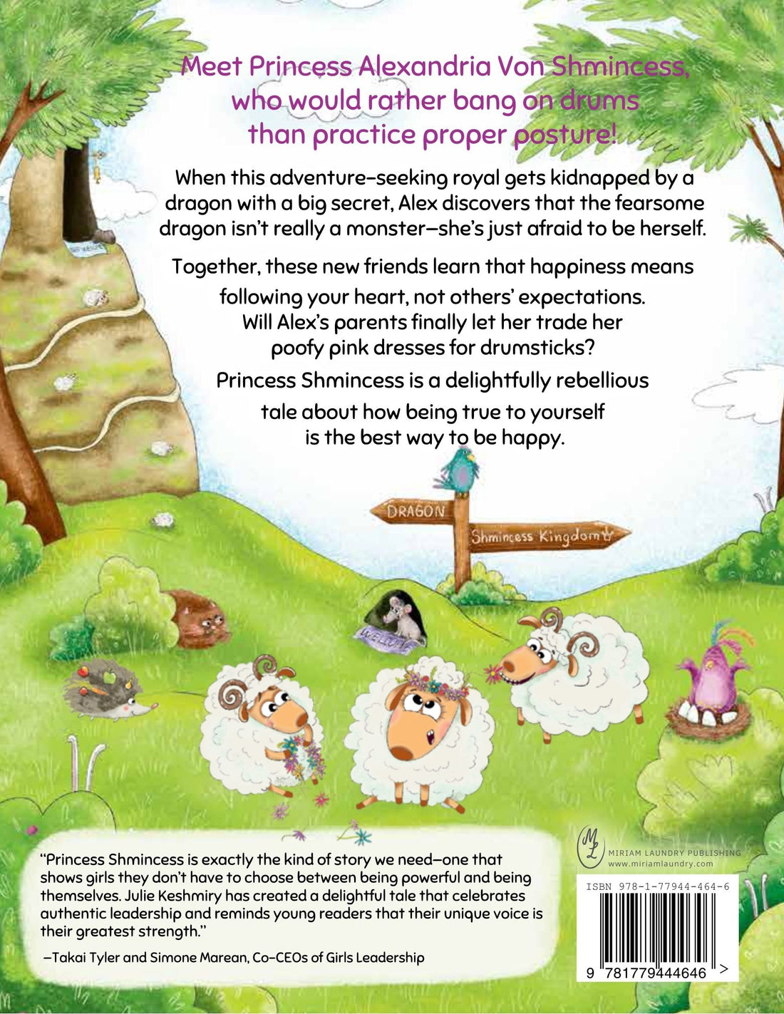 Princess Shmincess back cover — featuring endorsement from Takai Tyler and Simone Marean, Co-CEOs of Girls Leadership and colorful landscape with Animals. Written by Julie Keshmiry and illustrated by Mariia Furdei.