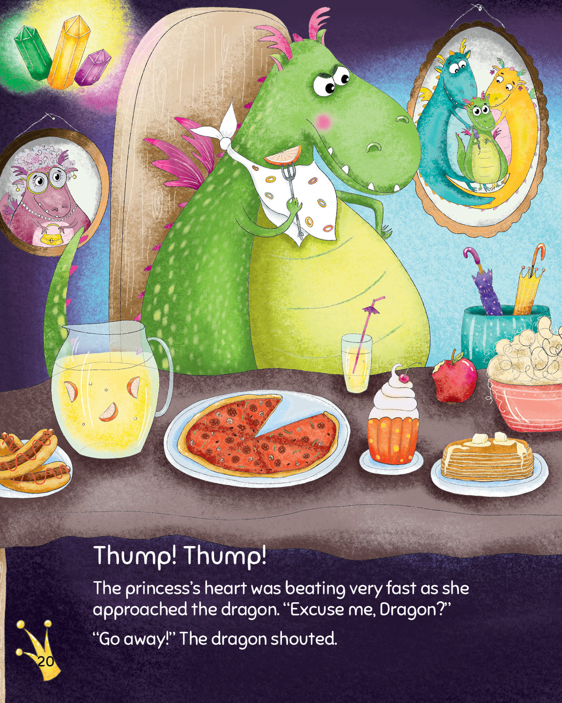 Princess Shmincess book page showing green dragon in her cave enjoying pizza and lemonade, surrounded by food and family portrait frames