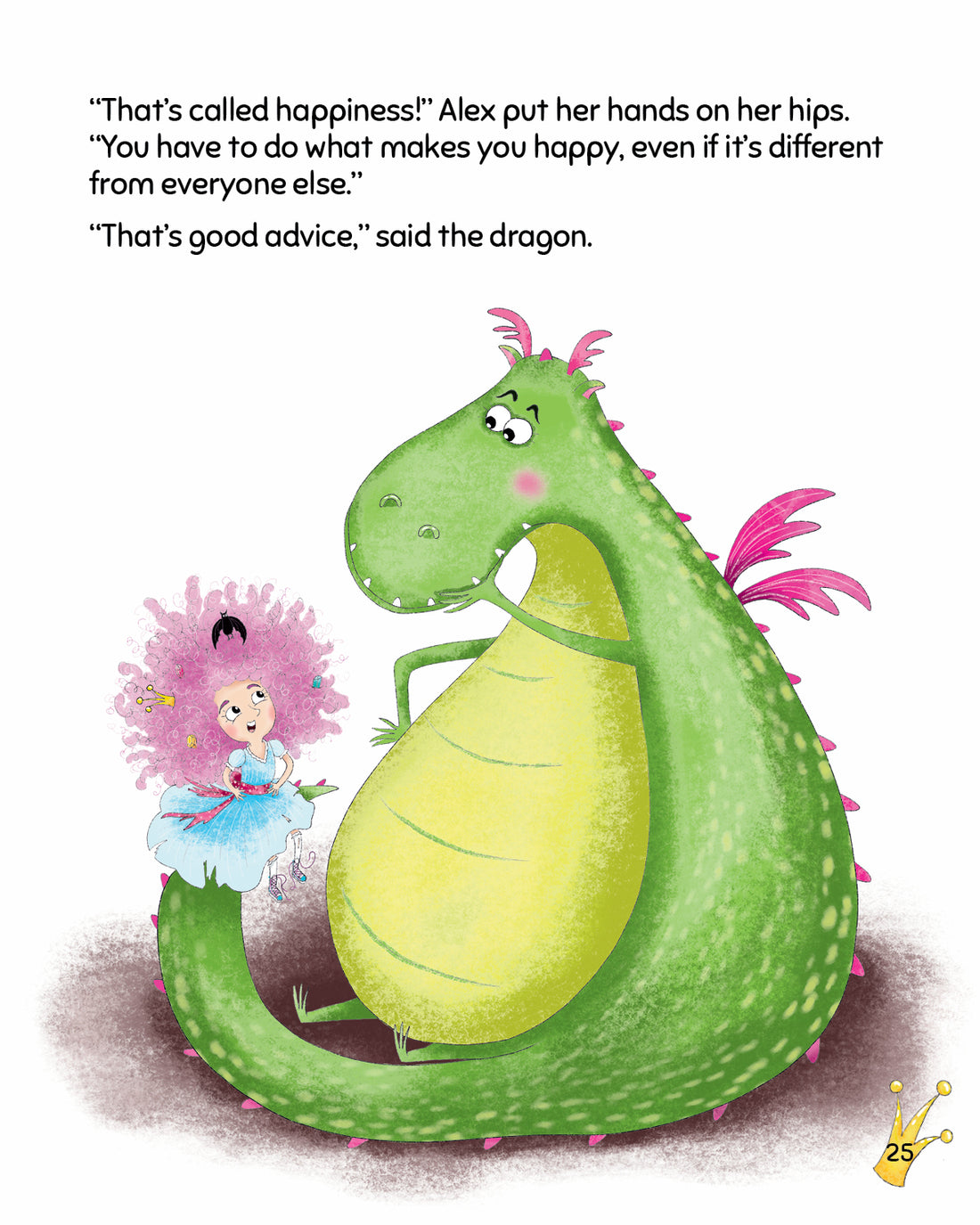 Princess Shmincess book page featuring Princess Alexandria Von Shmincess sitting on the dragon, Samantha Sizzlepant&